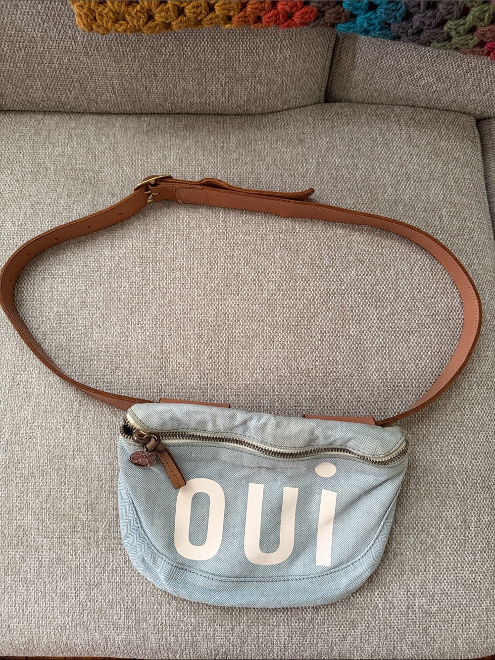 Light Blue Canvas Crossbody Belt Bag with Tan Leather Strap